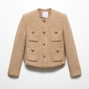 Mango Tweed Jacket with Jeweled Buttons, Taupe, Size S, Good Used Condition